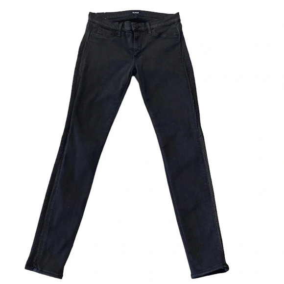 Hudson Ava Super Skinny Black Wash Jeans With Lambs Leather Tuxedo Stripe Sz. 27 - Picture 2 of 11